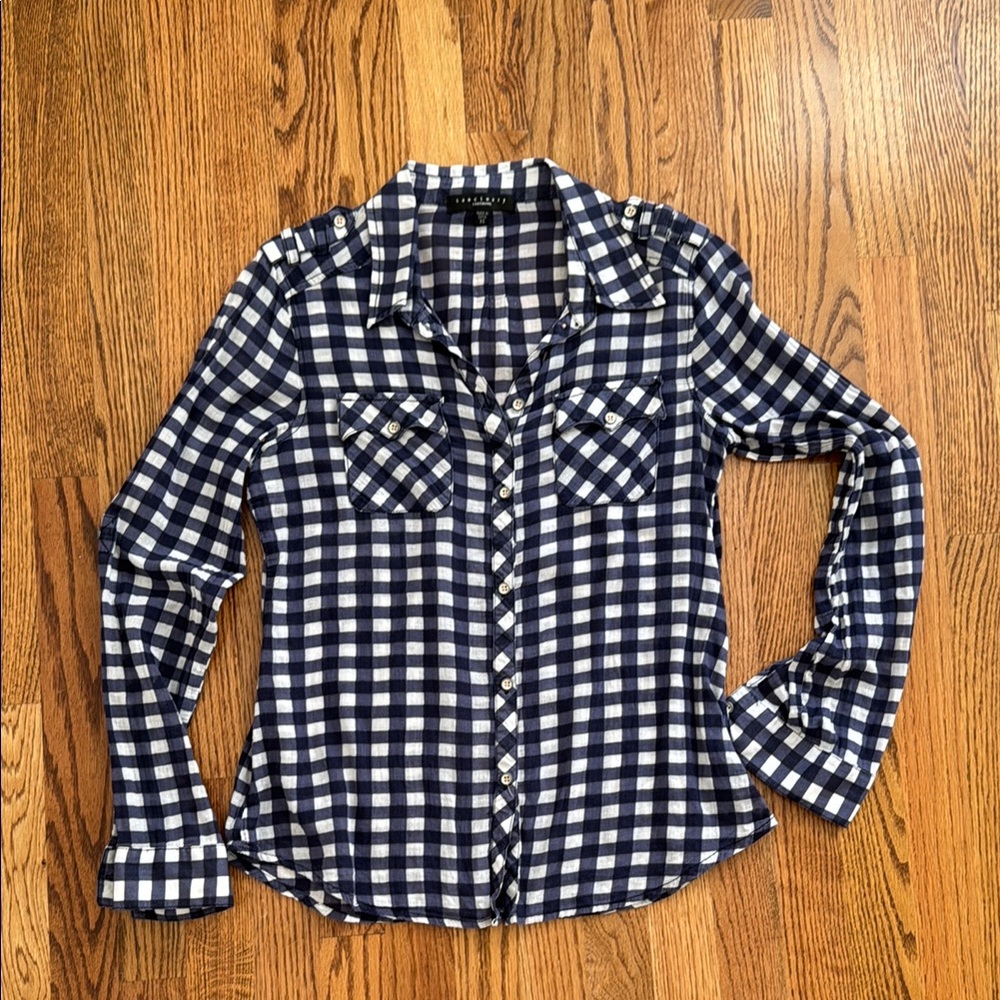 Sanctuary | Blue White Gingham Plaid Button Down Roll Tab Cotton Top | XS
